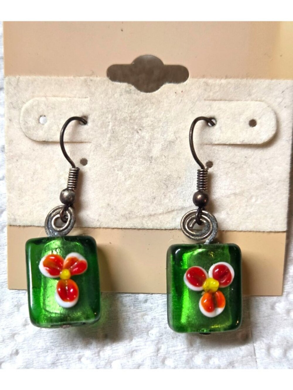 Handmade Green Glass Earrings With Floral Design & Hook Closure